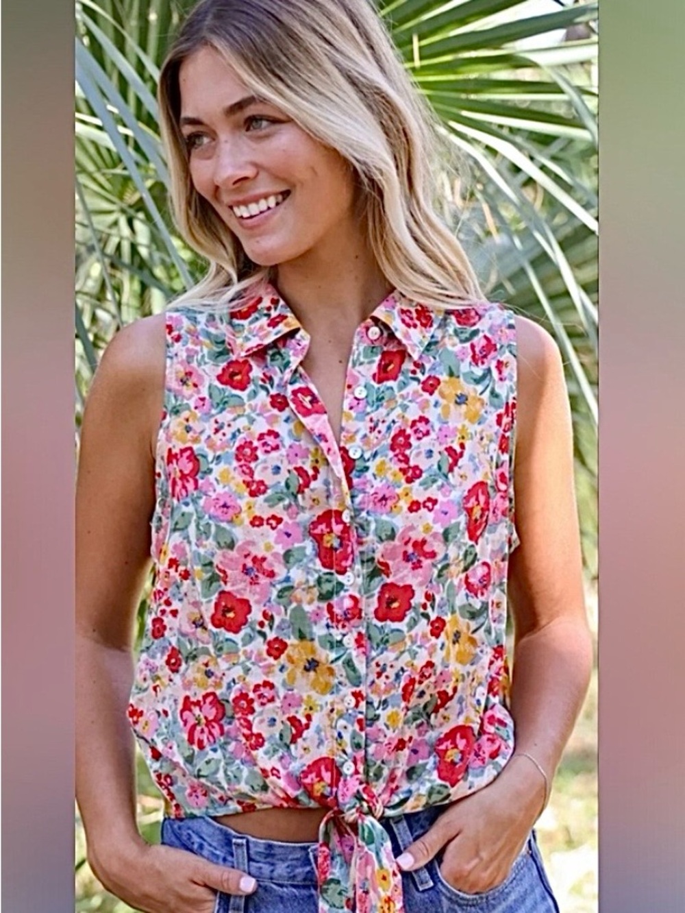 NATURAL LIFE Floral Tie-Front Blouse Size L